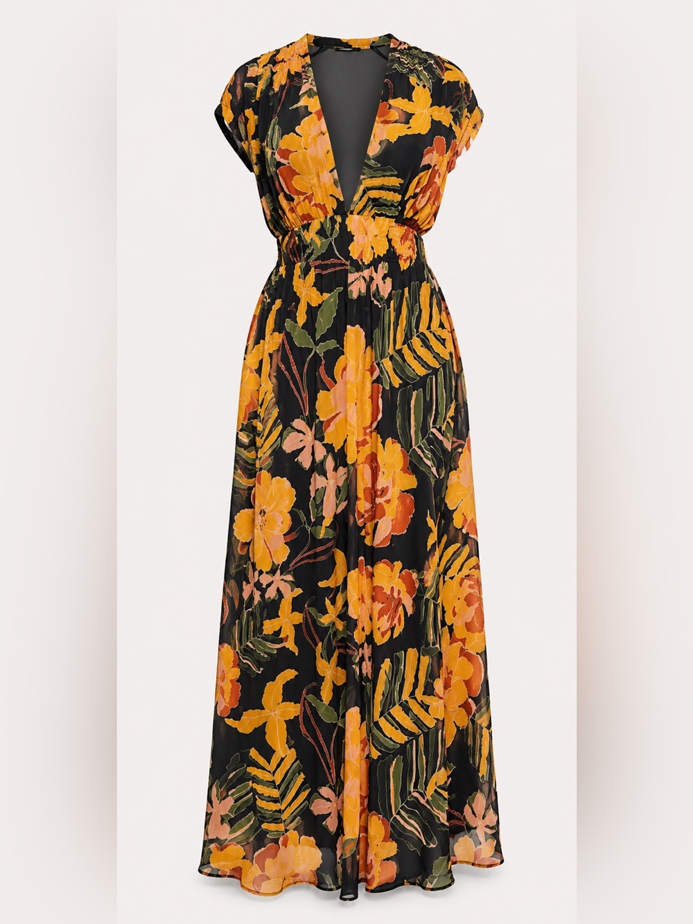Black Floral Maxi Dress with Mustard and Olive Print